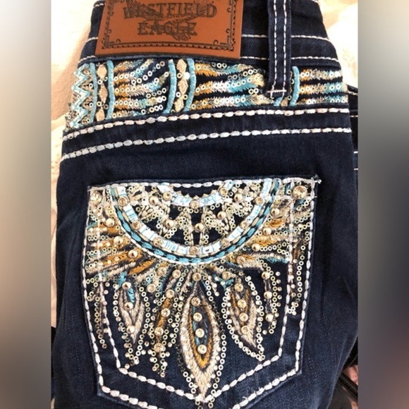 Beautiful embroidered sequined exposed stitching crystal studded blue jeans new - Picture 9 of 17